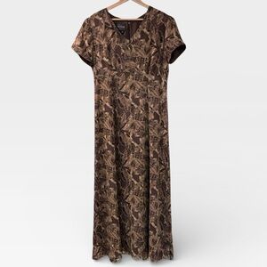 Kay Unger Brown and Gold Leaf 100% Silk Maxi Dress Size 10